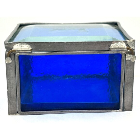Stained Glass Trinket Box Cobalt Blue Mirrored Bottom Etched Stage Coach Hinged‎ - Picture 4 of 16